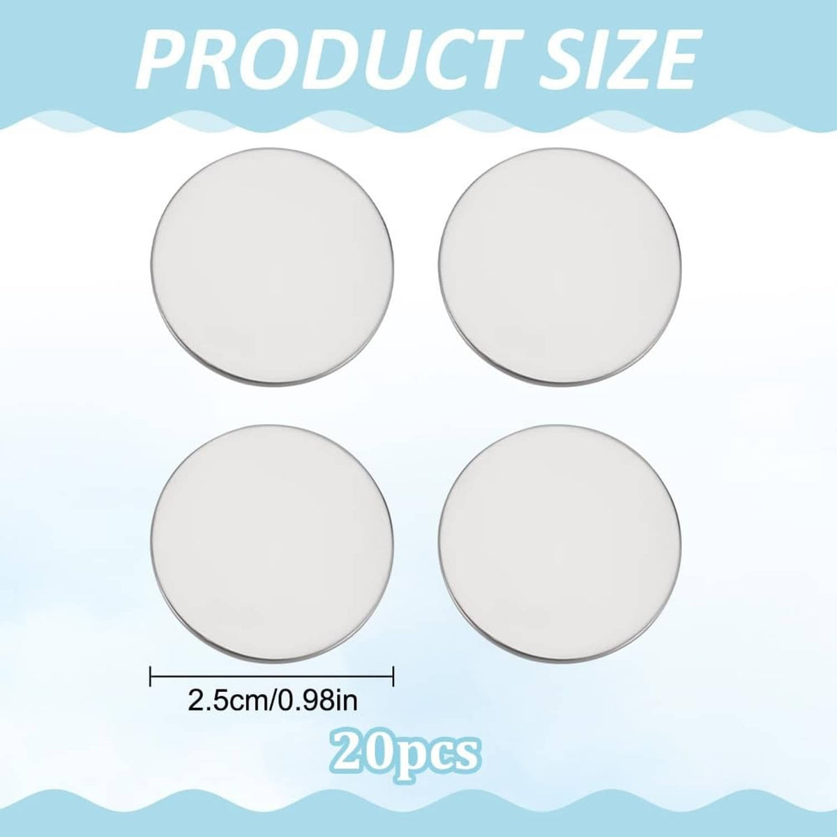 Round silver blank golf ball marker coins with size shown in inches