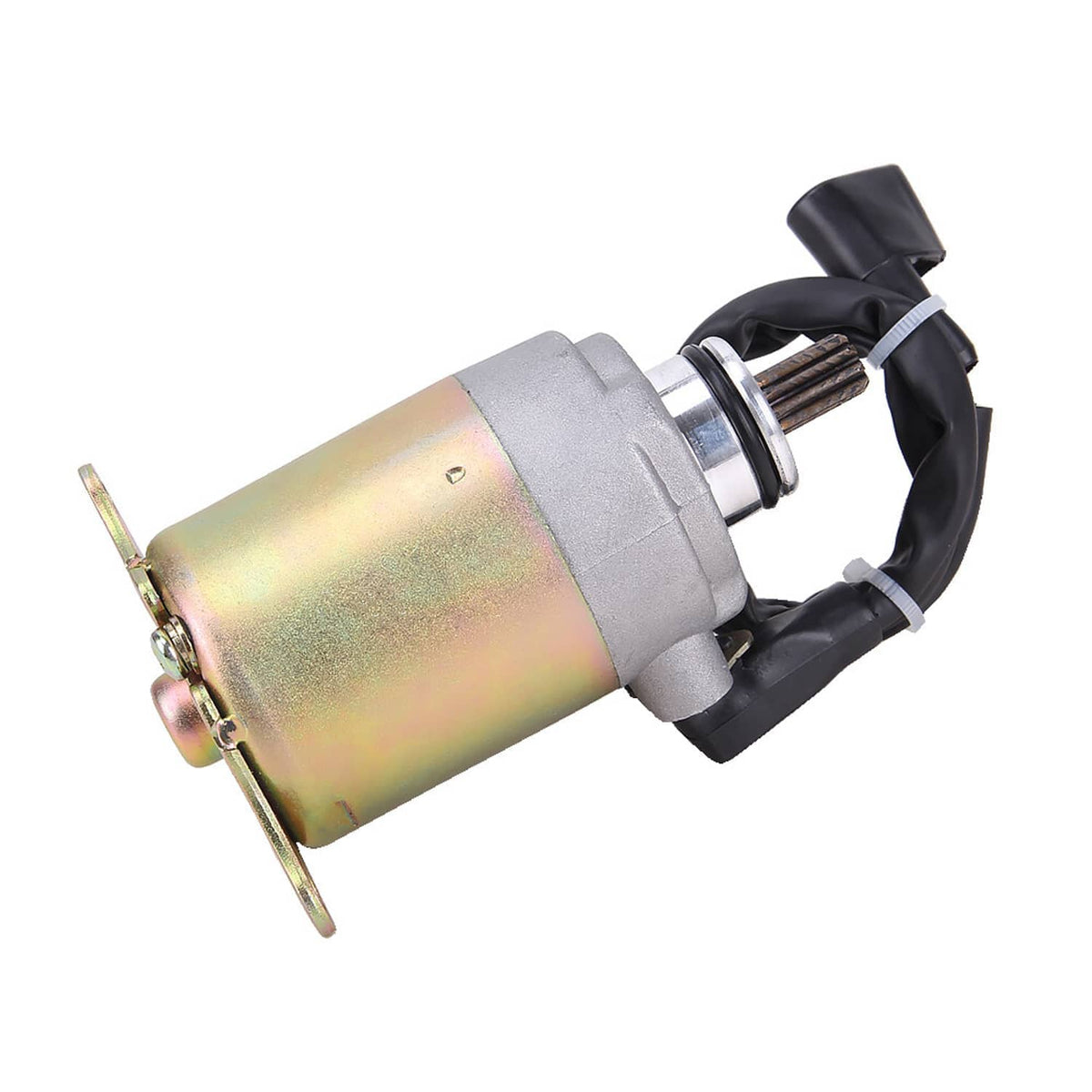 Starter motor assembly with iridescent cylinder housing, black connector wires