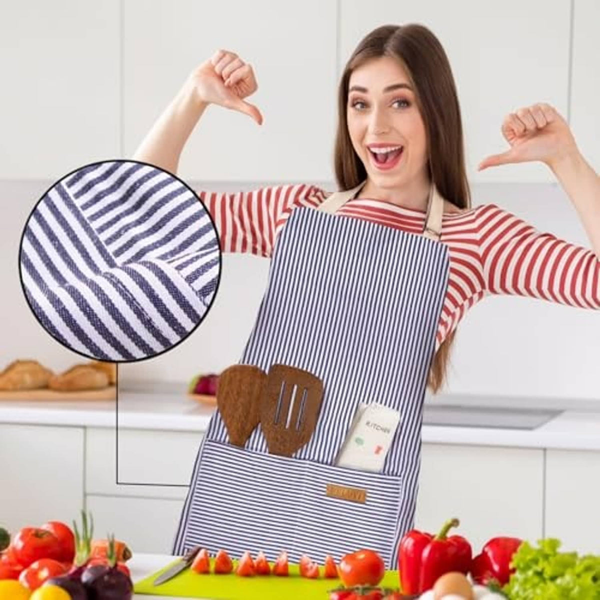 Blue pinstripe adjustable bib apron with large front pocket