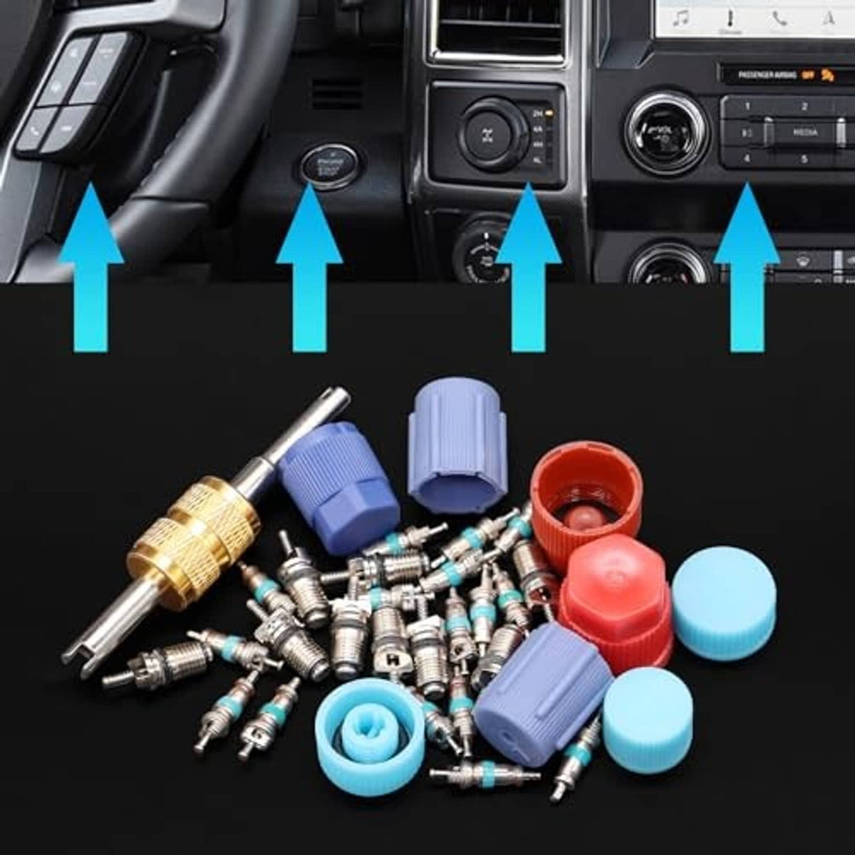 Car A/C valve core kit with valve cores and colored dust caps laid on a dashboard