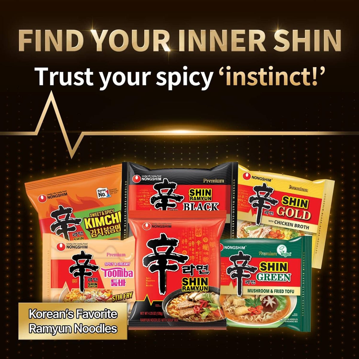 Nongshim ramen noodle variety packs lined up on a dark banner background