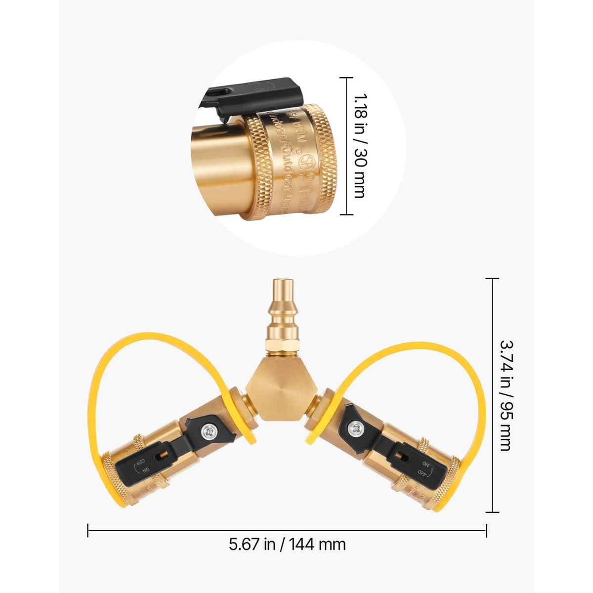 Brass quick-connect propane splitter adapter with yellow hoses and dual outlet ports