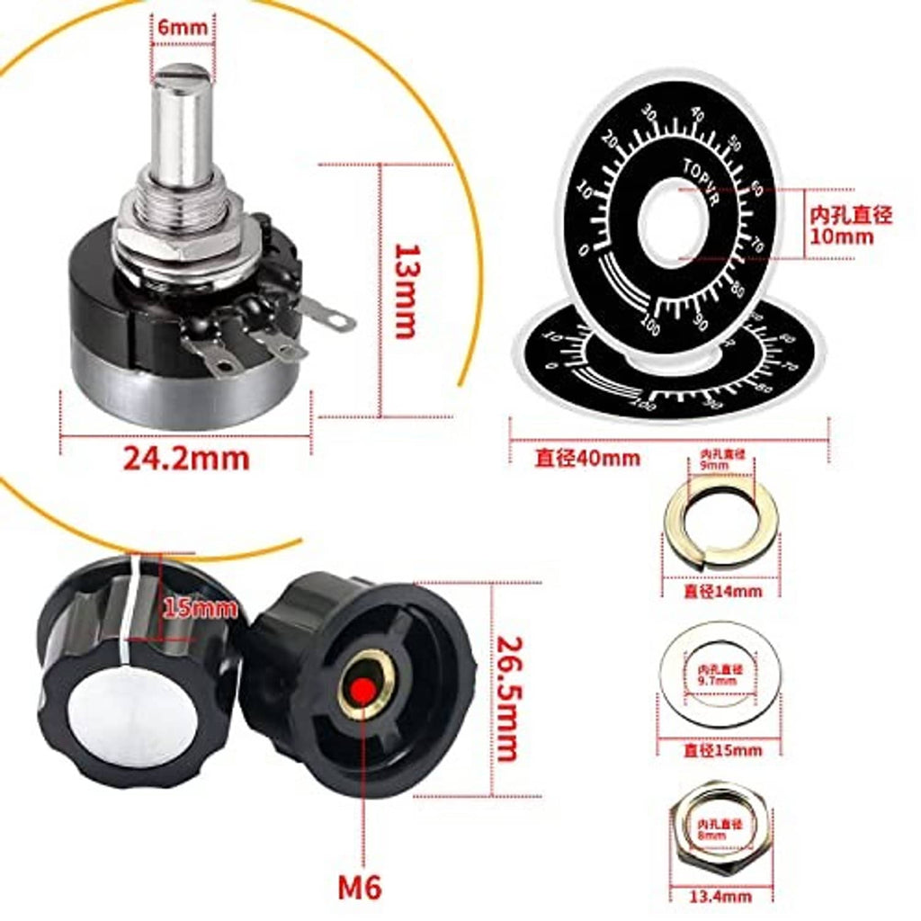 Rotary potentiometer with black knob and silver shaft, labeled size measurements and M6 thread.