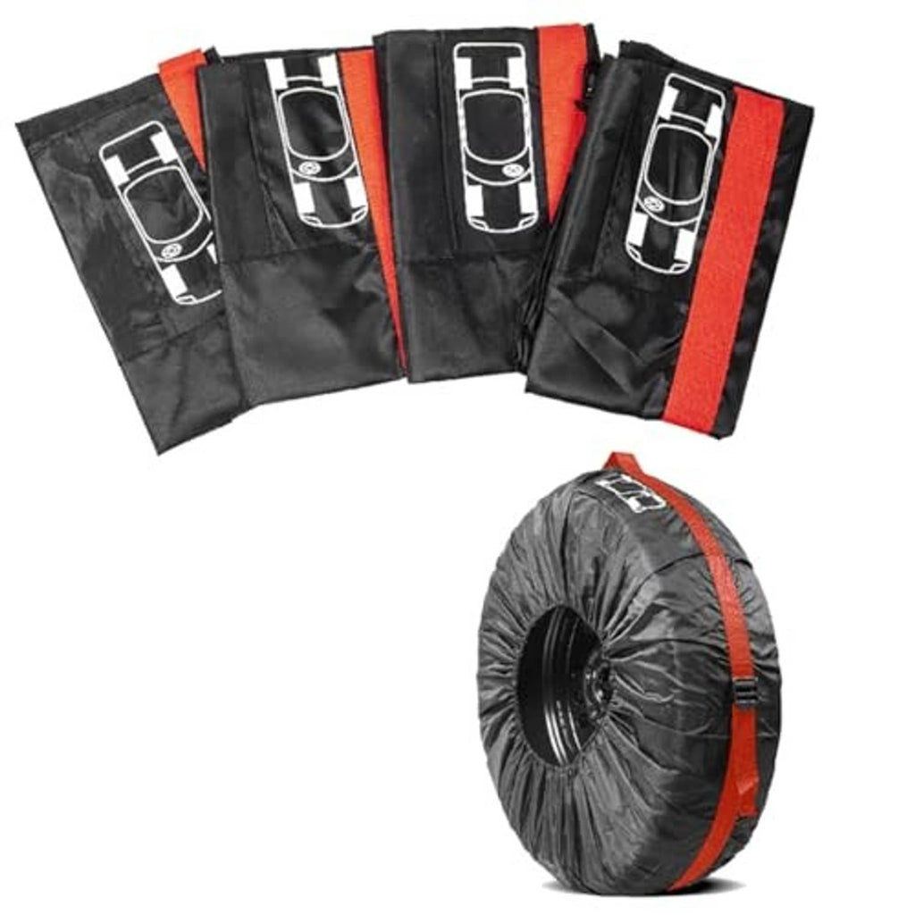 Set of four black tire wheel covers with orange edge trim and carry handles