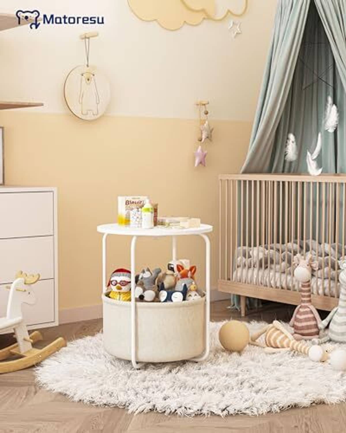 White round side table with beige fabric storage drum, used as small organizer table