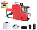 Red price label gun with ink cartridge, black handle and label feed rollers