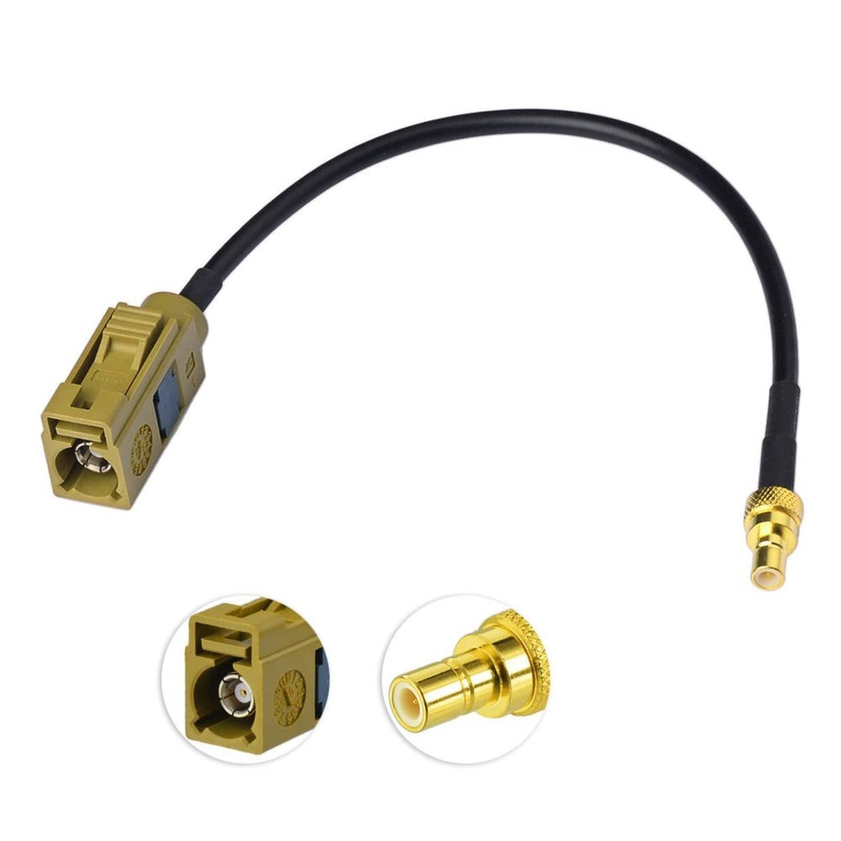 FAKRA-to-SMB coax adapter cable with black cable and gold SMB male tip