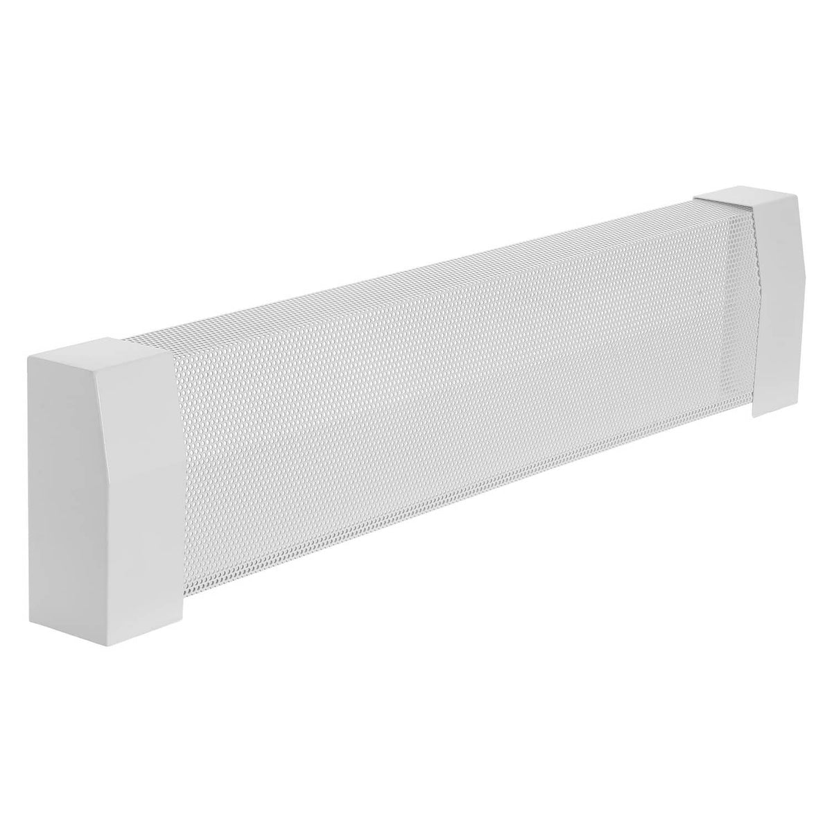 White baseboard heater cover with vented mesh panel and raised end brackets