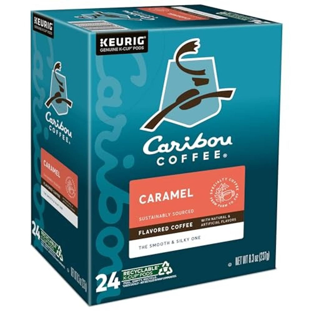 Caramel flavored coffee K-Cup box, 24-count, with KEURIG and Caribou branding
