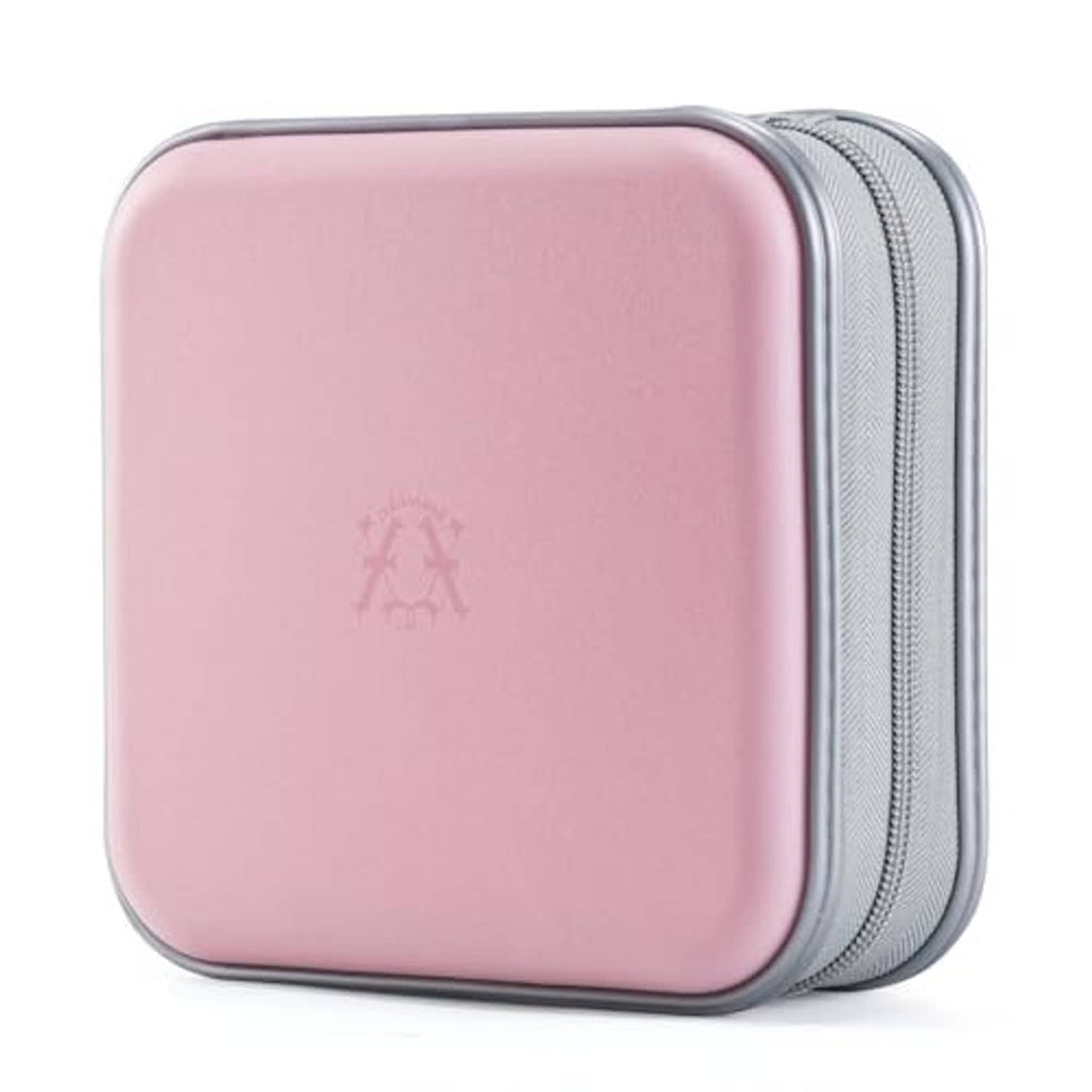 Light pink hard-shell CD case with zipper closure, angled view, gray edge trim