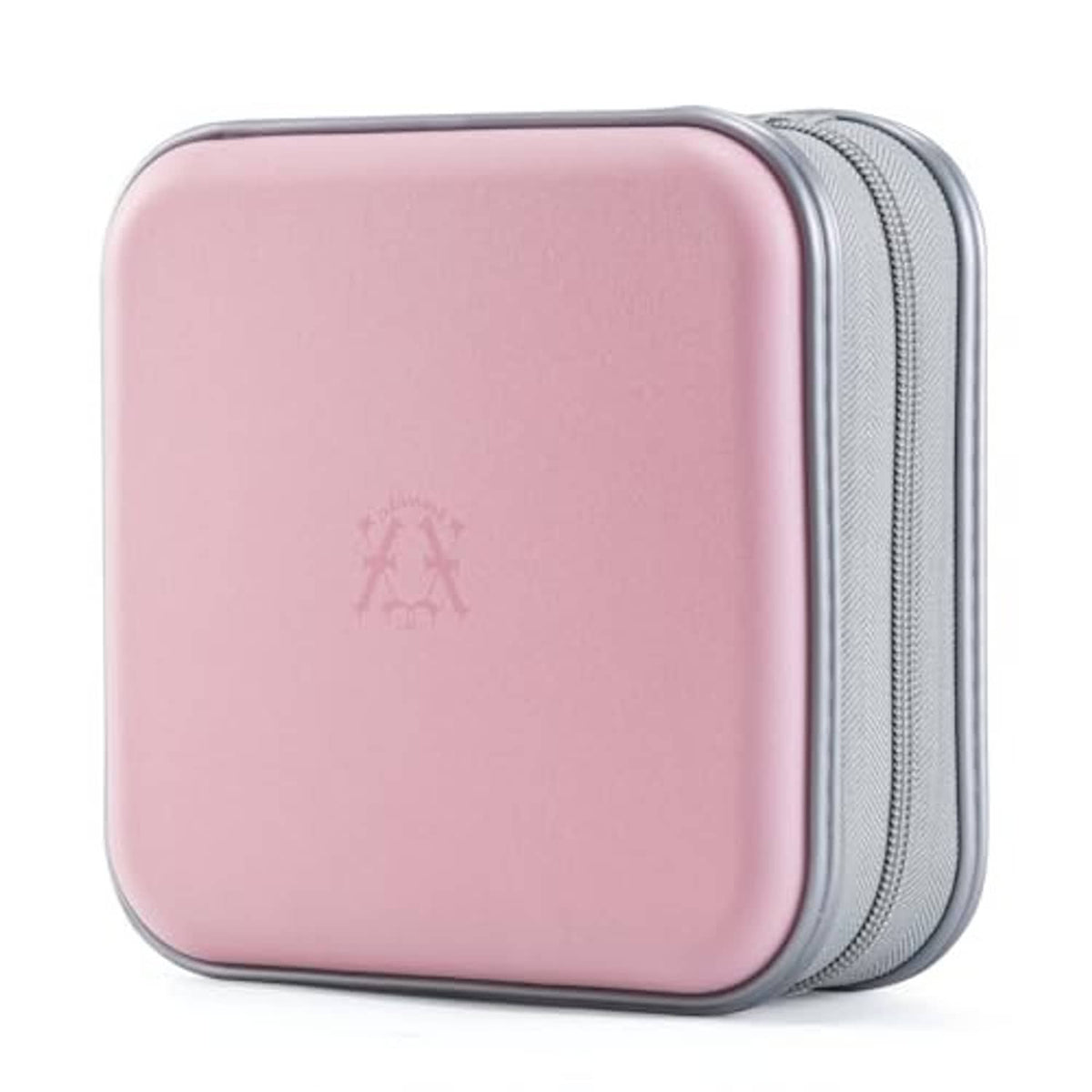 Light pink hard-shell CD case with zipper closure, angled view, gray edge trim