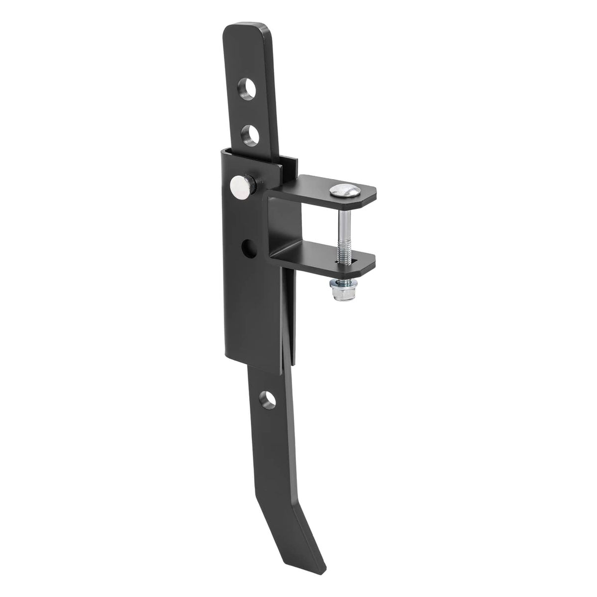 Powder-coated steel chisel plow bracket, side view with clamp bar and mounting bolts