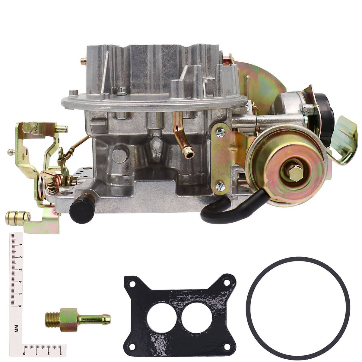 Two-barrel carburetor with fuel filter canister, hoses, and black mounting gasket