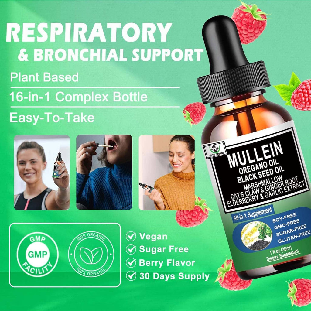 Mullein supplement bottle with dropper, front label for respiratory and bronchial support