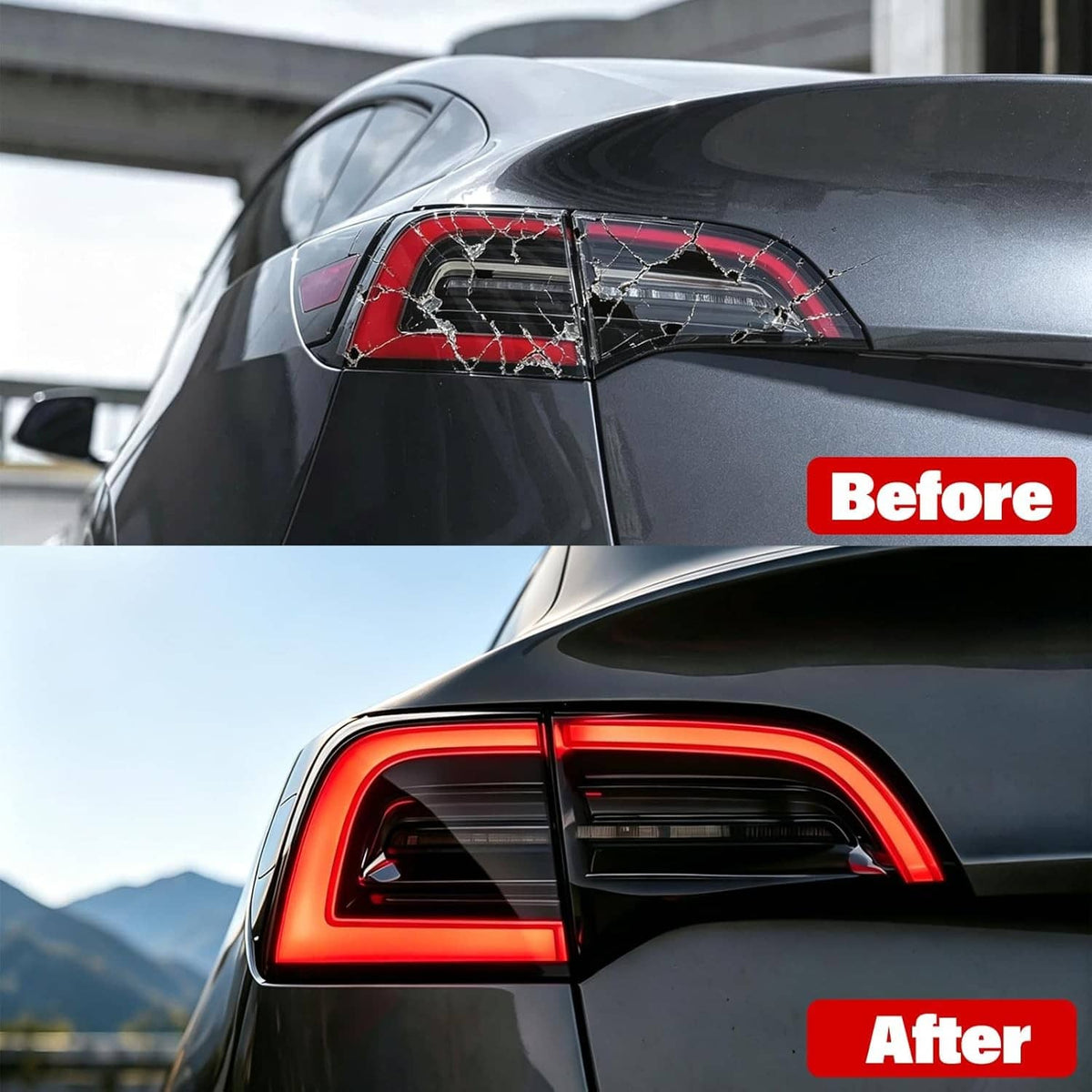 Rear LED tail light assembly installed with bright red lightbar illumination.