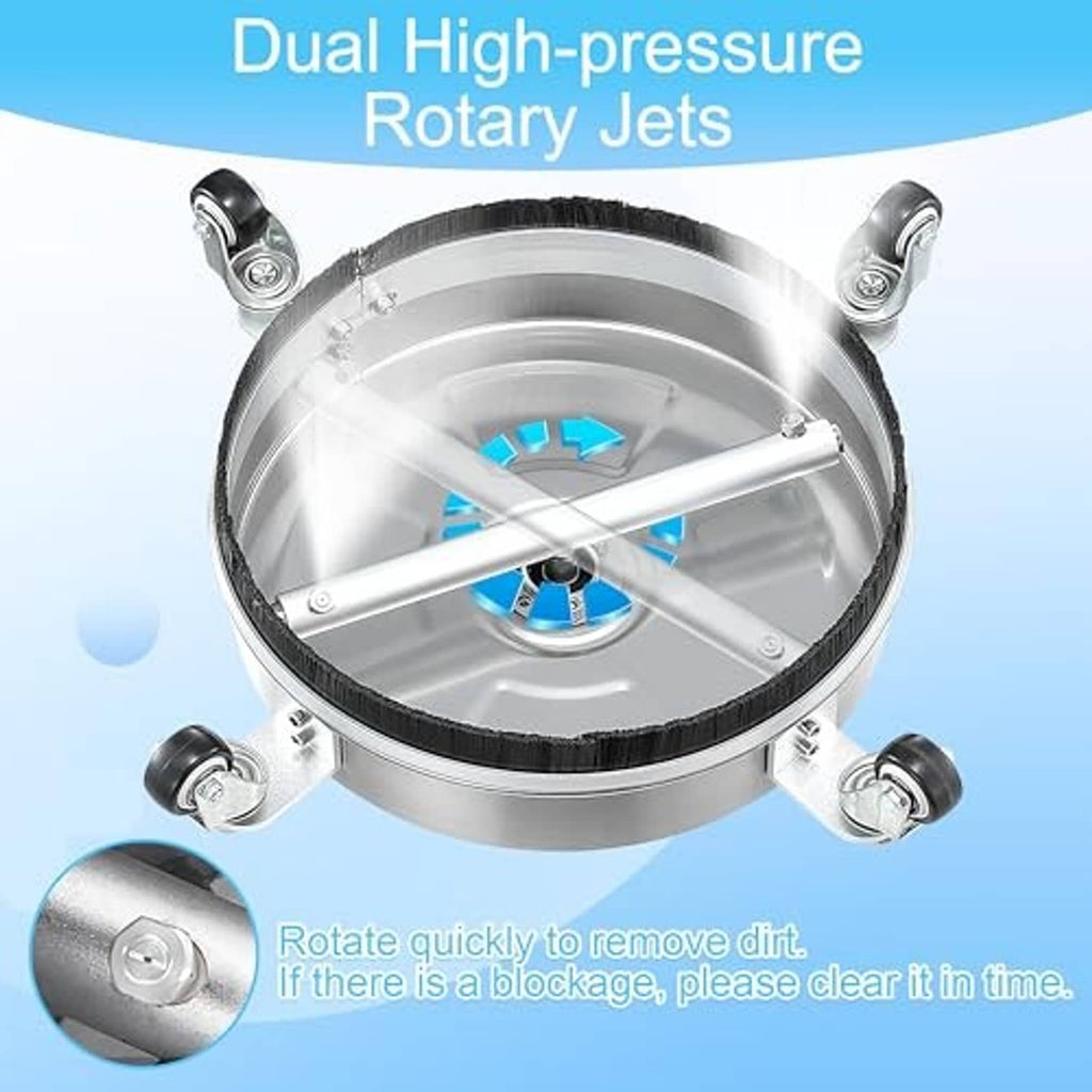 Stainless surface cleaner with dual rotary jet heads and black bristle skirt, top view