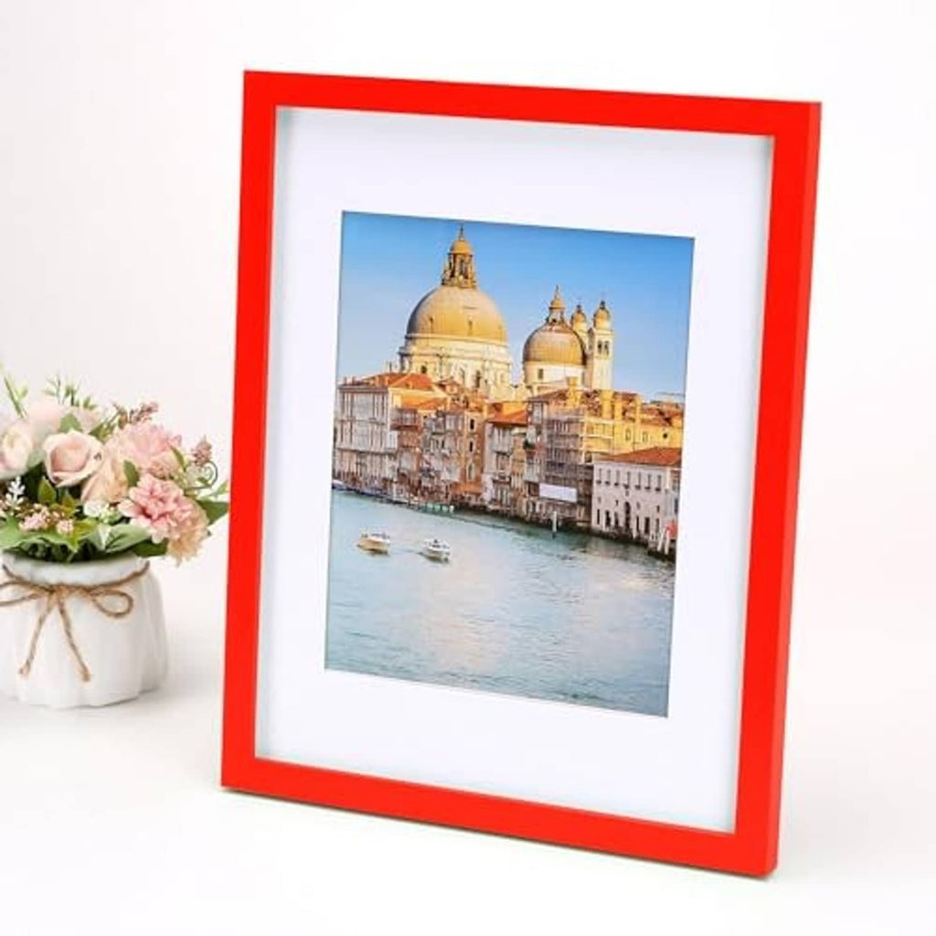 Red solid wood 11x14 picture frame with white mat, photo facing forward