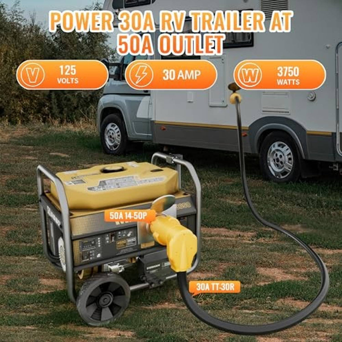 Yellow RV adapter on power cord connected to a 30A trailer inlet