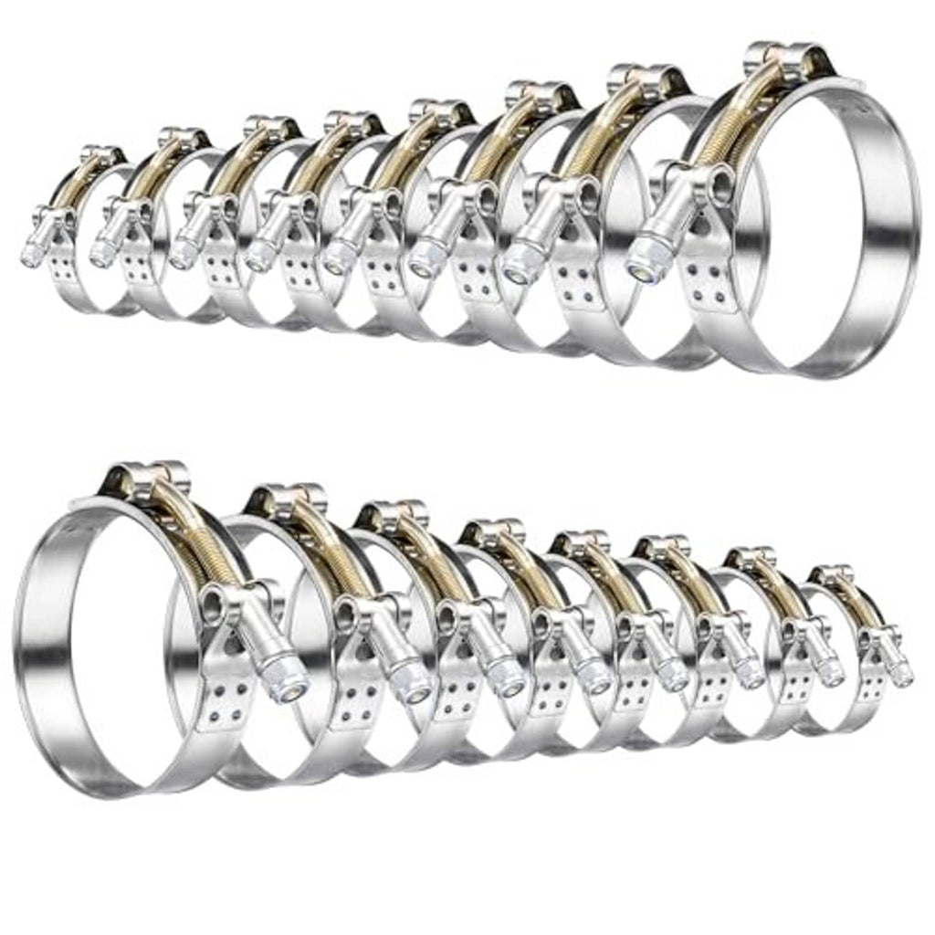 T-bolt hose clamps set with shiny metal bands and perforated strap housings