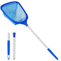 Blue handheld spa skimmer net with fine mesh and long silver handle