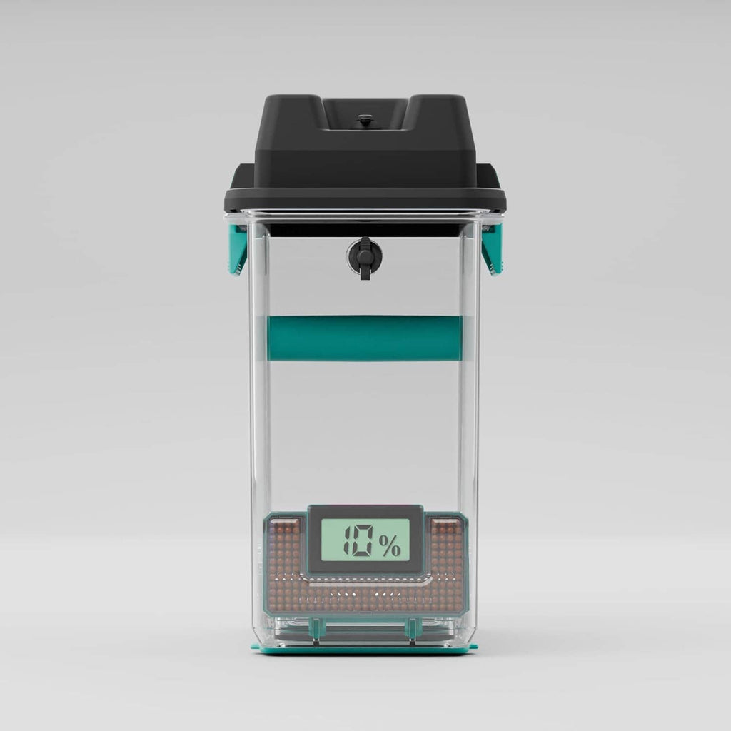 3D filament drying box front view with turquoise interior tray and % humidity screen