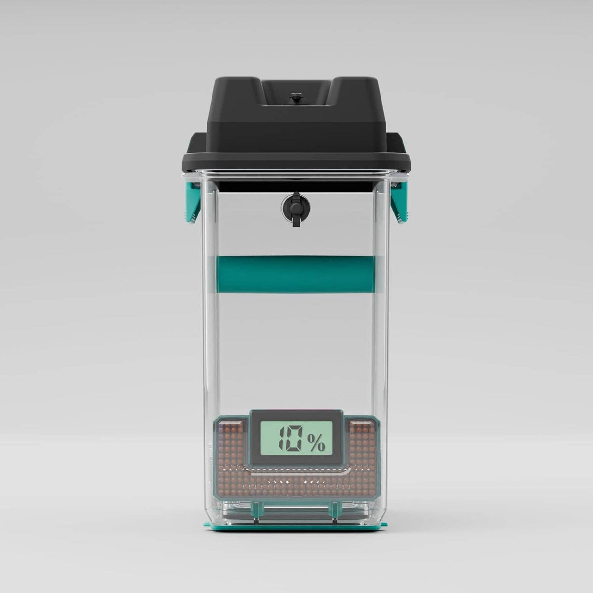 3D filament drying box front view with turquoise interior tray and % humidity screen
