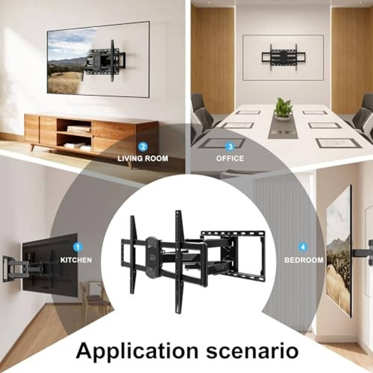 Full-motion TV wall mount bracket shown in room application, black metal frame and arms.