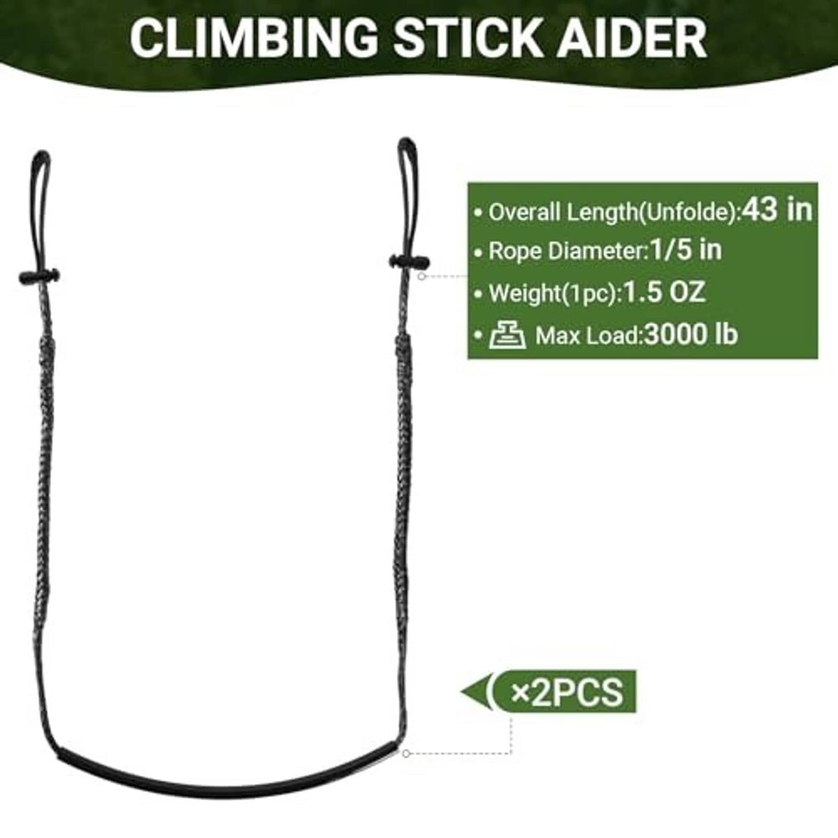 Climbing stick aider set with two black rope loops and curved cable base