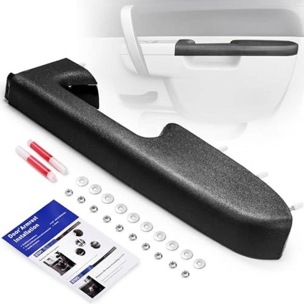 Black front passenger side door armrest with textured finish and included mounting hardware