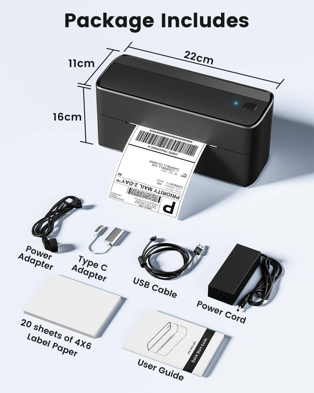 Black label printer with accessories: power adapter, USB cable, and user guide