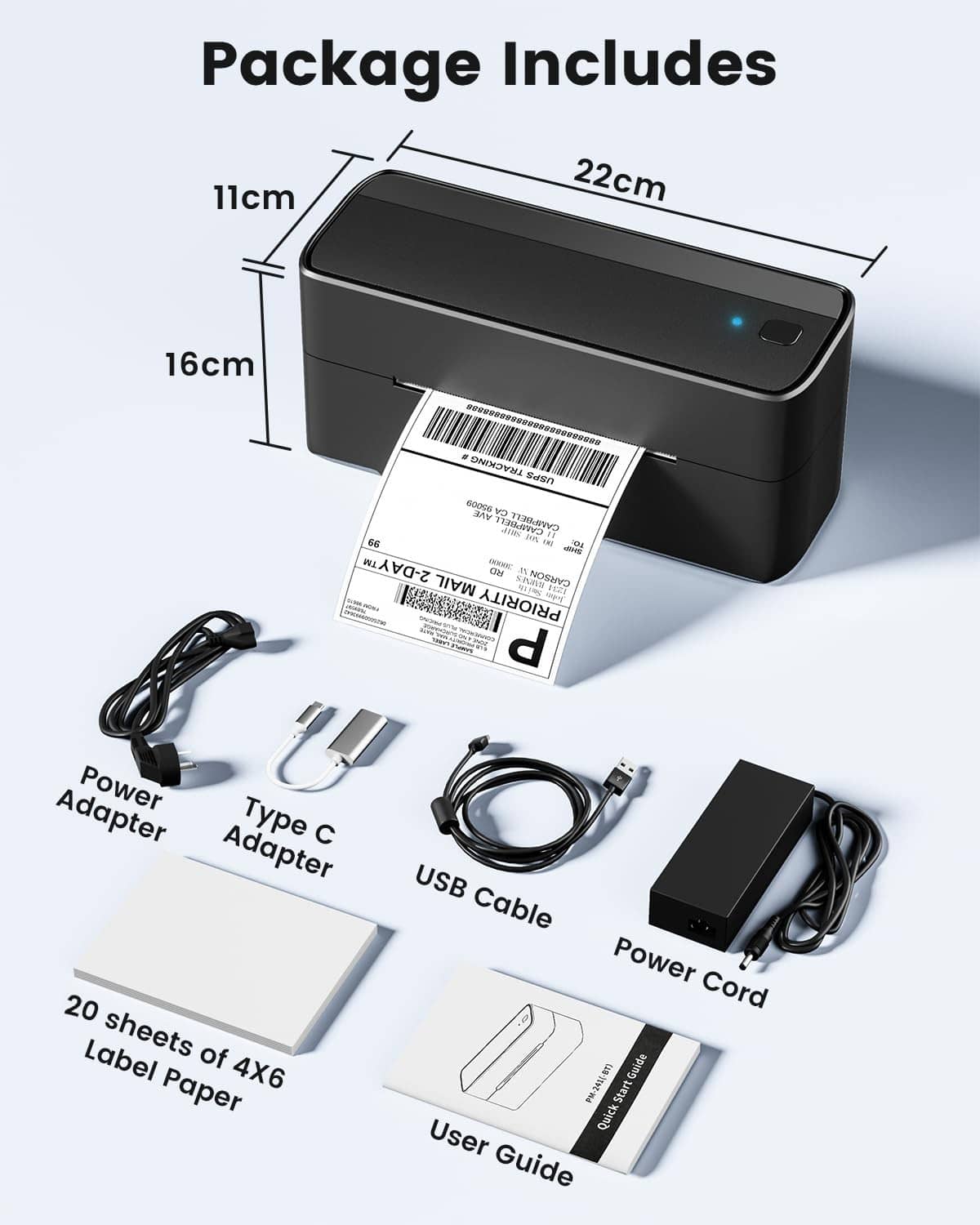Black label printer with accessories: power adapter, USB cable, and user guide