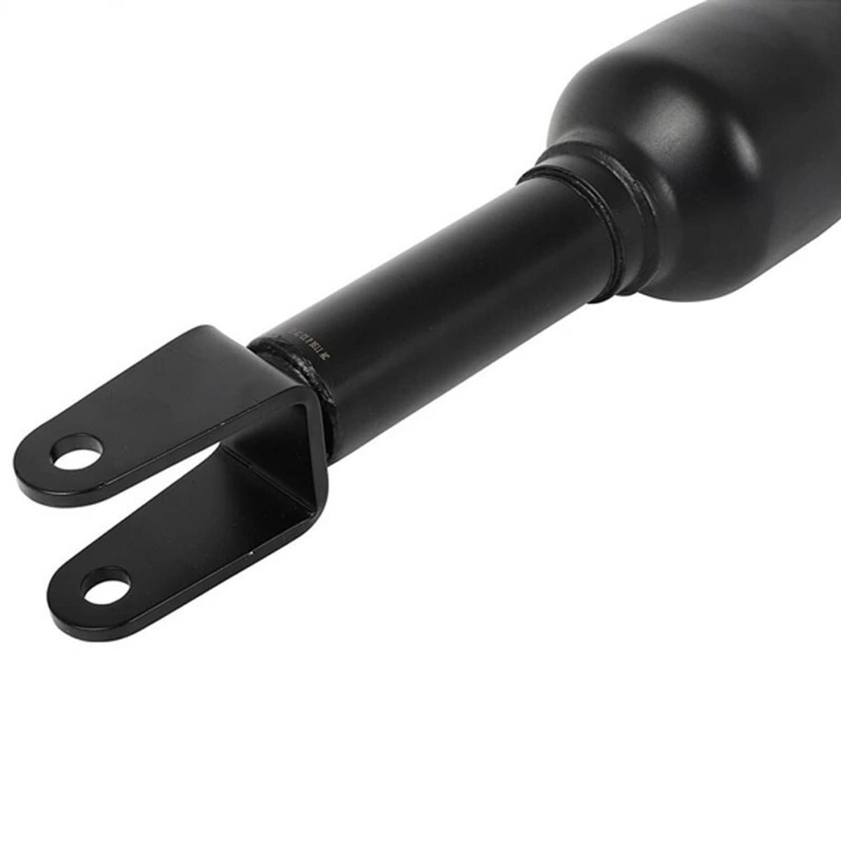 Black front air shock strut end with two-hole fork bracket and smooth cylinder body