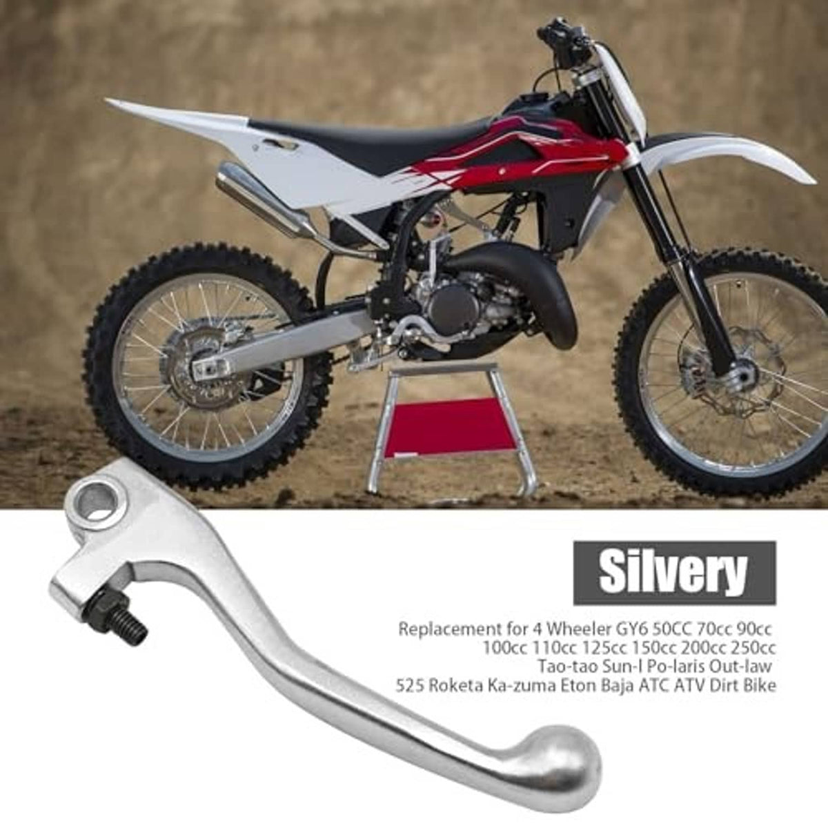 Silver brake lever replacement shown on a dirt bike; curved arm with mounting bolt