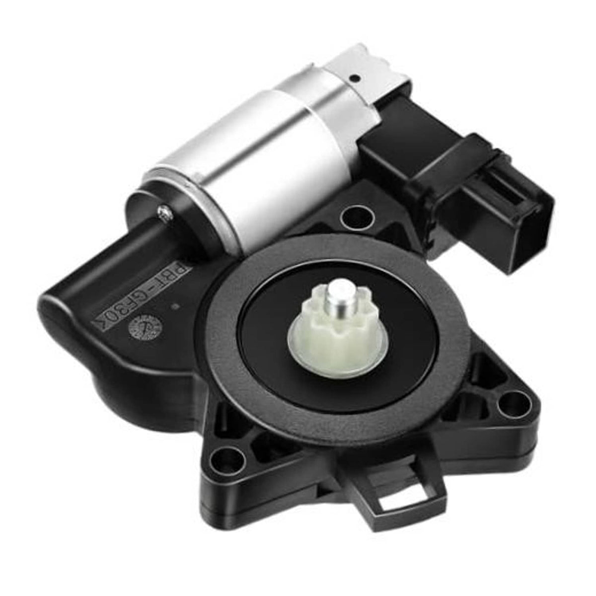 Power window lift motor with black housing, silver cylinder, and white gear coupler