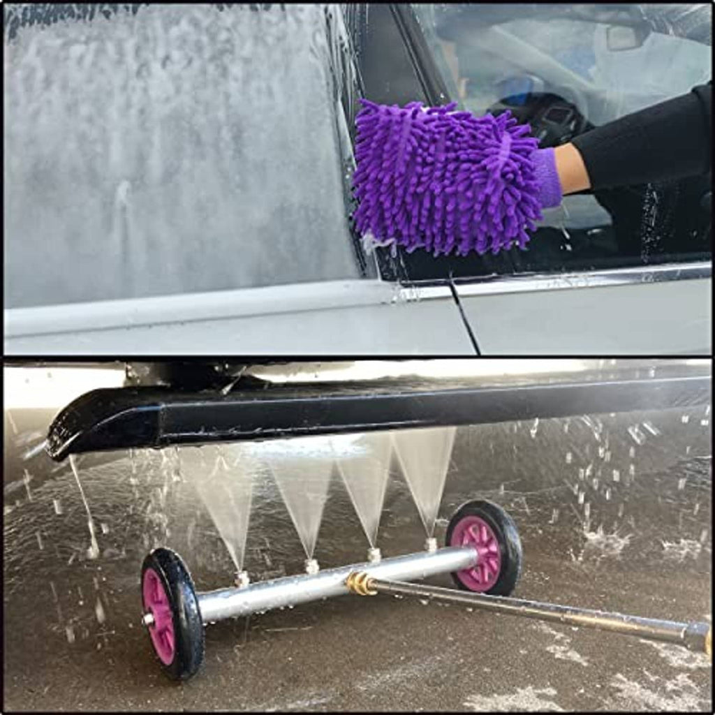 Undercarriage cleaner brush attachment scrubbing under a vehicle with purple wheel tool
