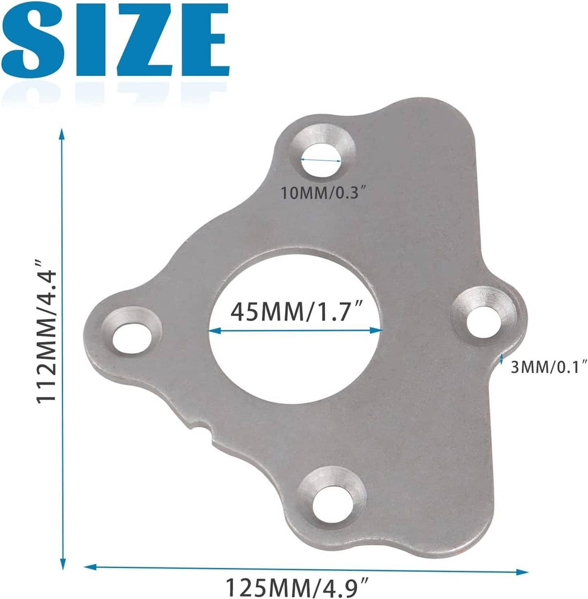 Gray thrust plate gasket with center bore and four mounting holes, size markings