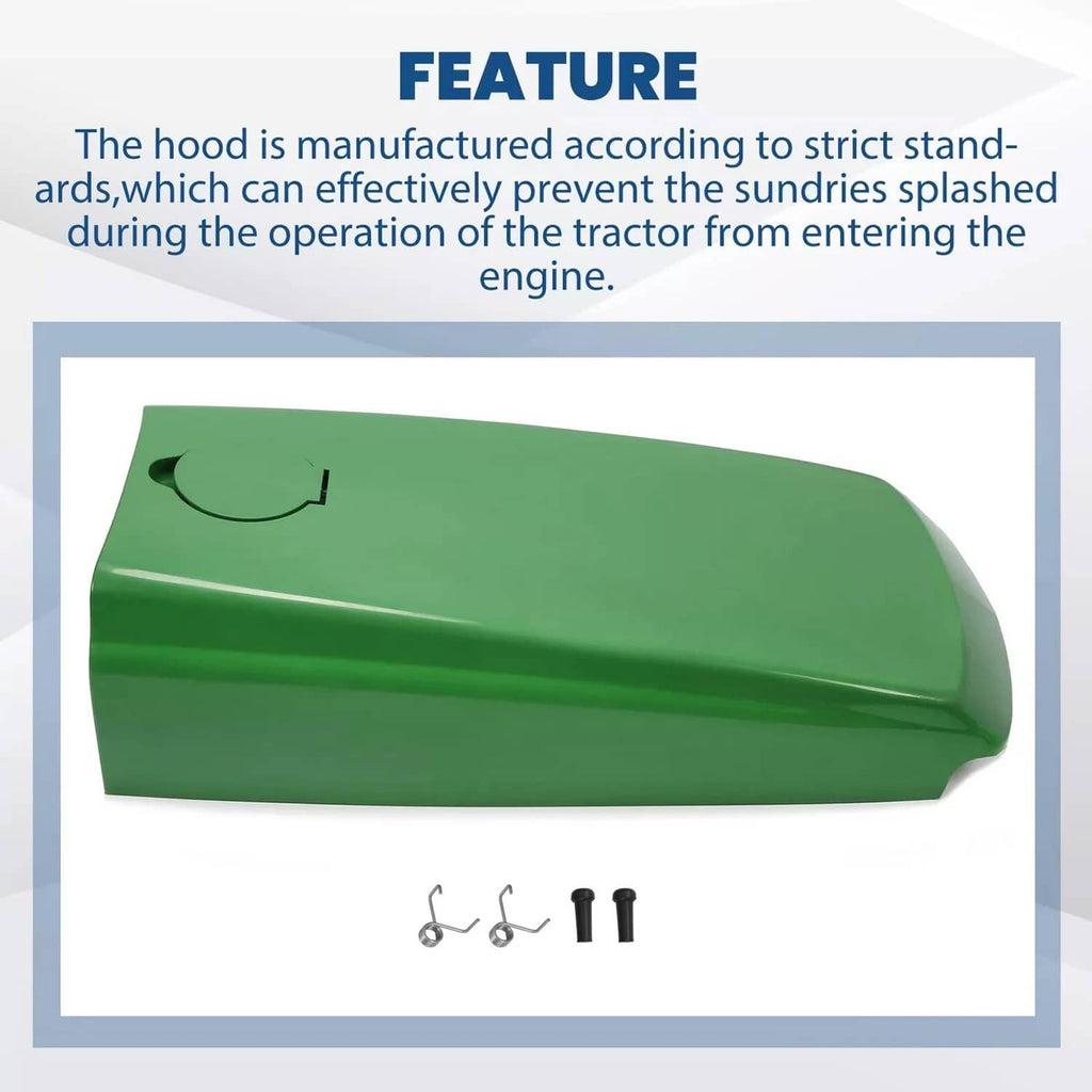 Green tractor upper hood with fuel door cutout; hardware pieces shown below