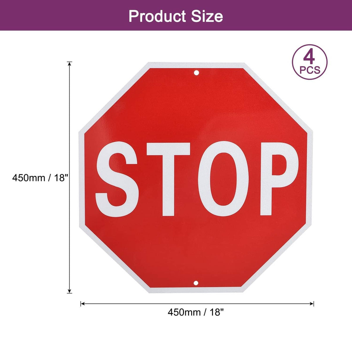 Red octagonal stop sign with white STOP letters, 18 in