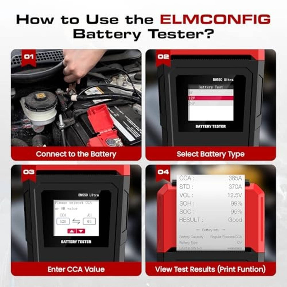 Car battery tester guide view showing connection and test results screen
