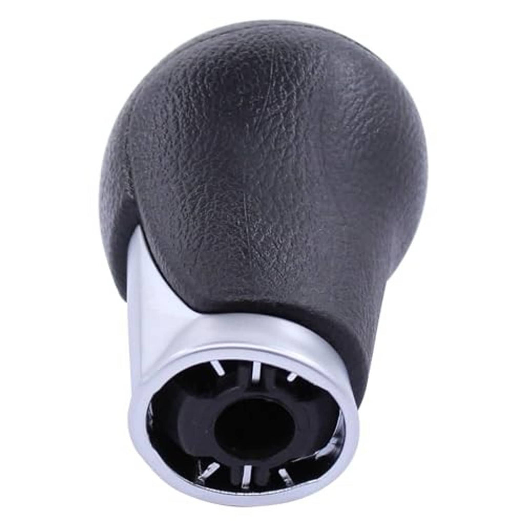 Black leather gear shifter knob with chrome base ring and underside view