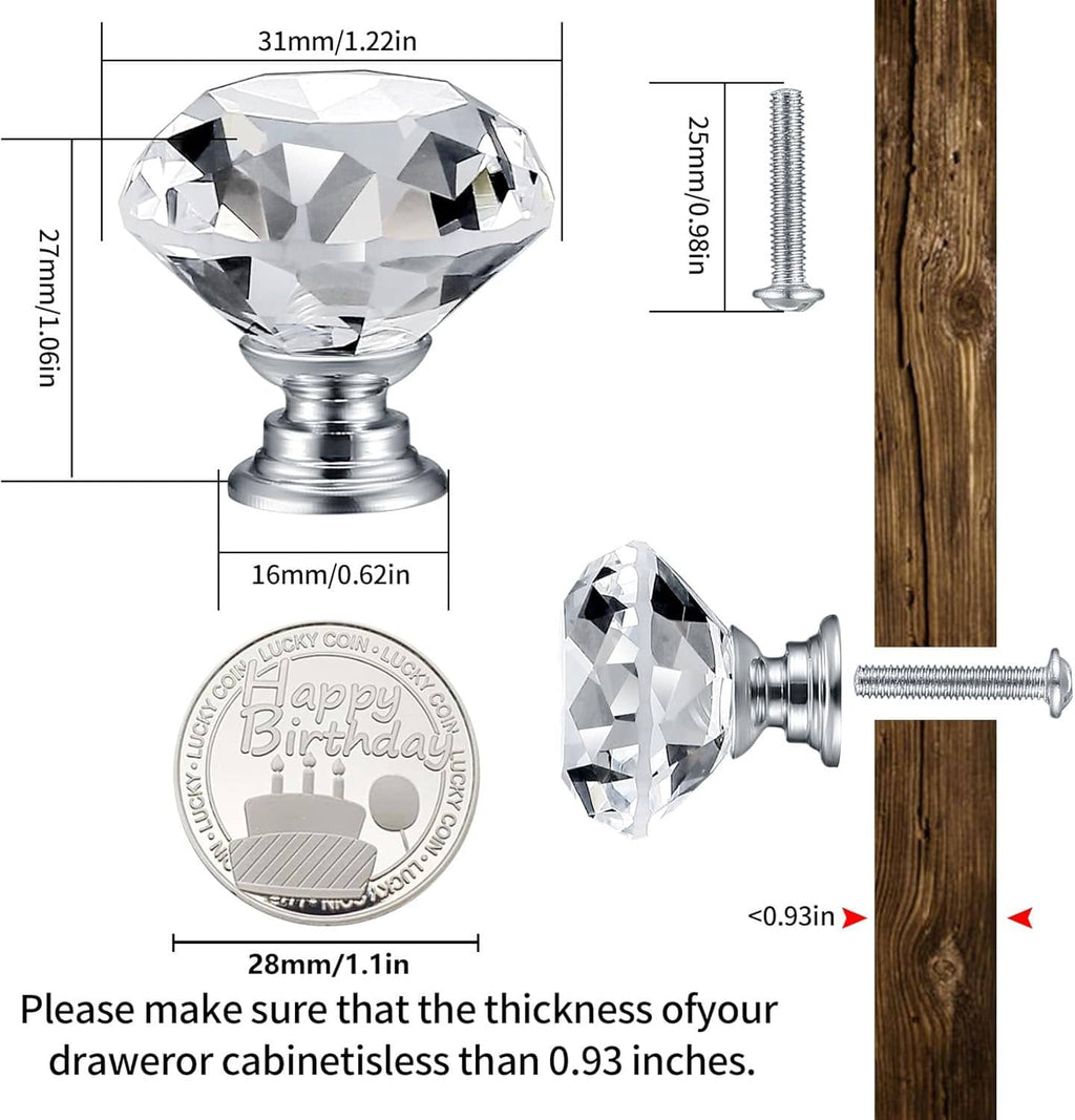 Crystal diamond cabinet knob with dimensions and long screw for drawer or cabinet mounting