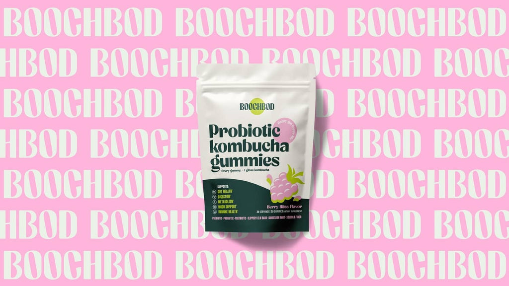 Probiotic kombucha gummy pouch with ingredient and nutrition label visible