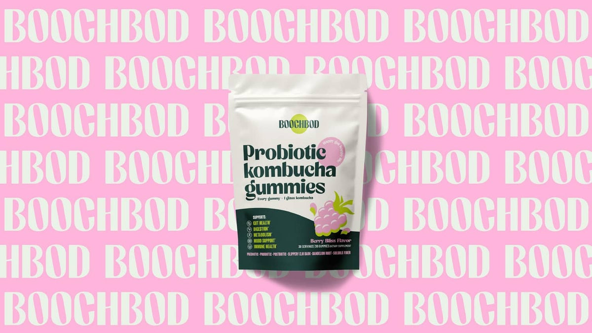 Probiotic kombucha gummy pouch with ingredient and nutrition label visible