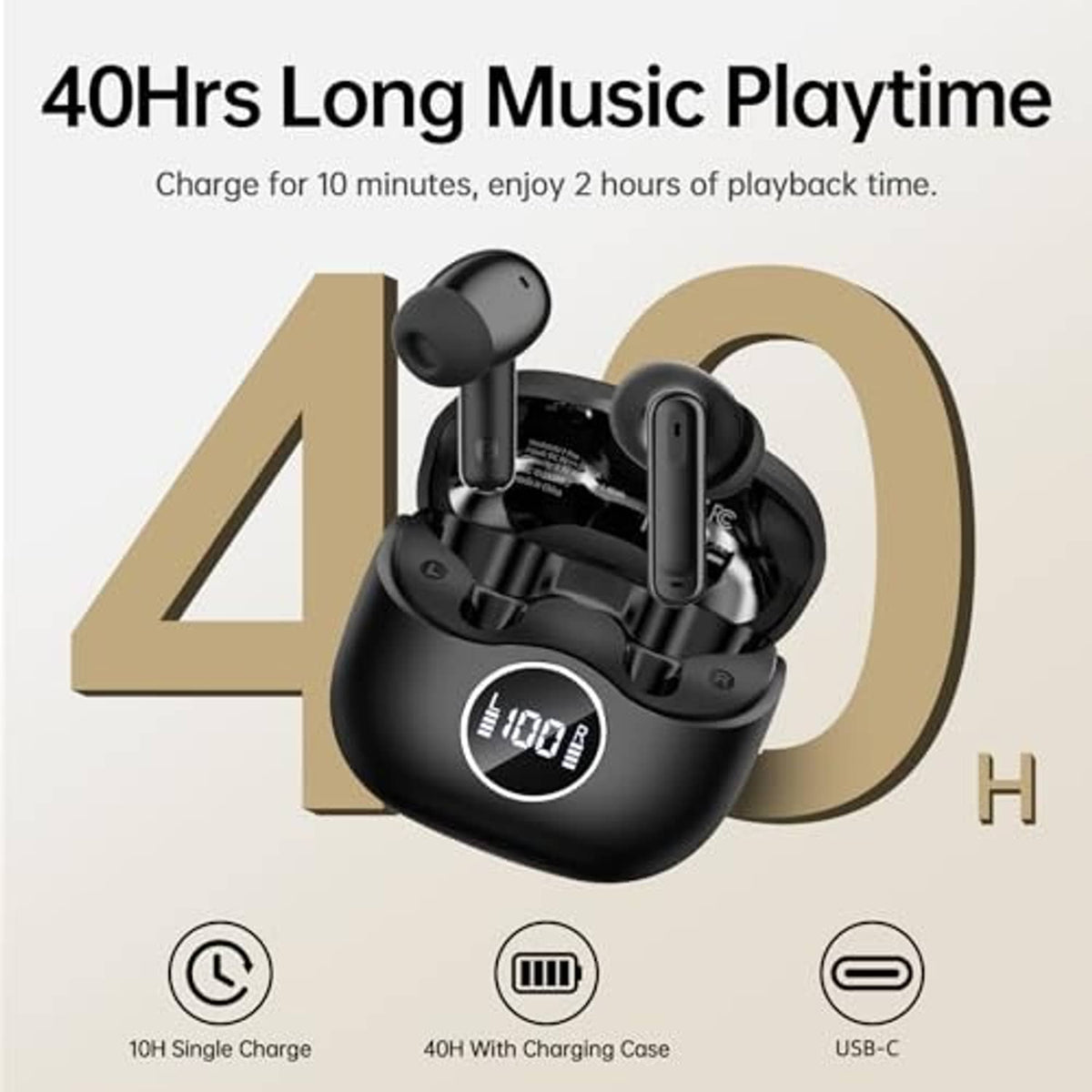 Black wireless earbuds in charging case, showing USB-C charging port