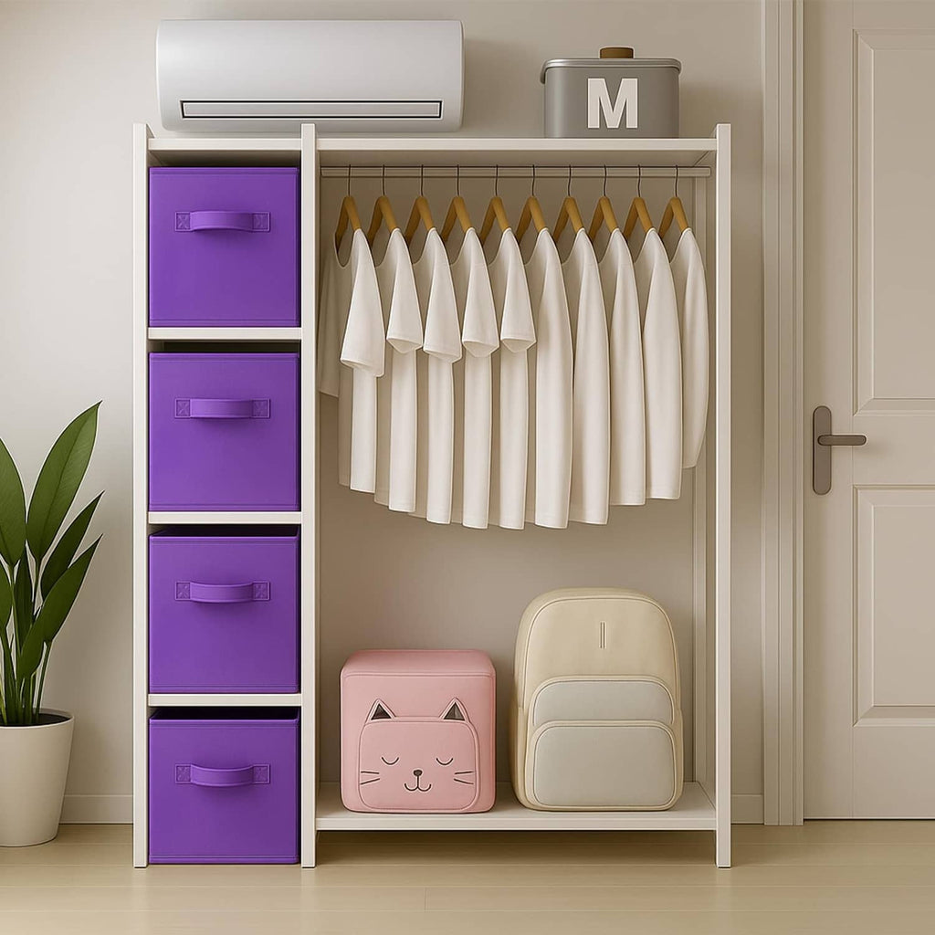 Violet fabric storage cubes with front handles stacked in a closet organizer