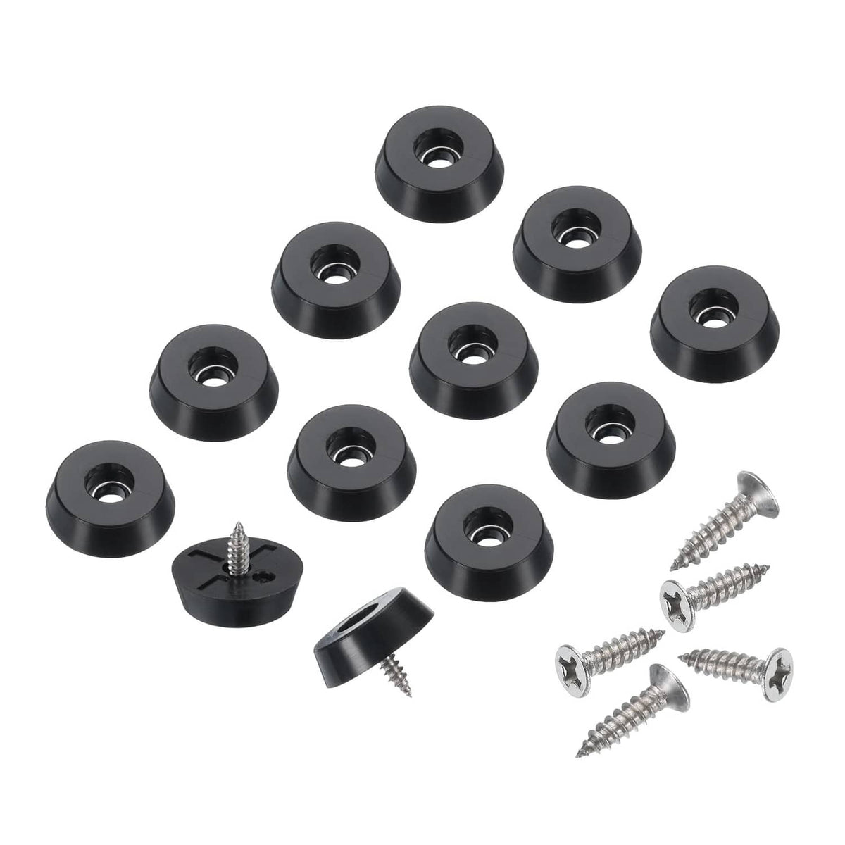 Black rubber bumper feet set with threaded inserts and screws