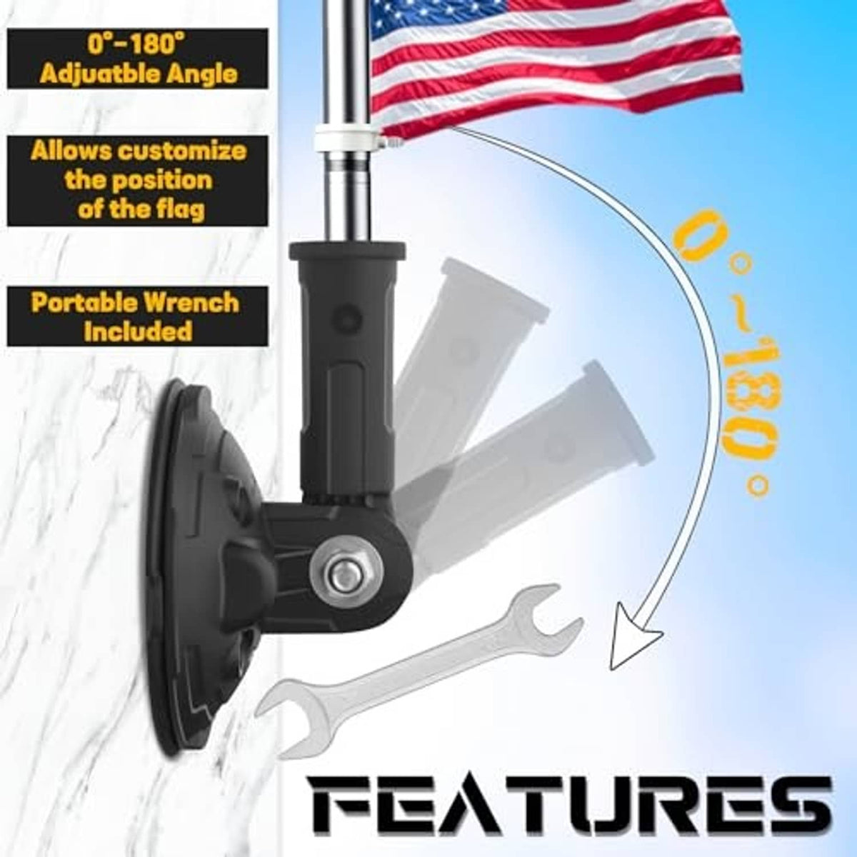Black suction cup flag holder with adjustable pole socket and vacuum pump base