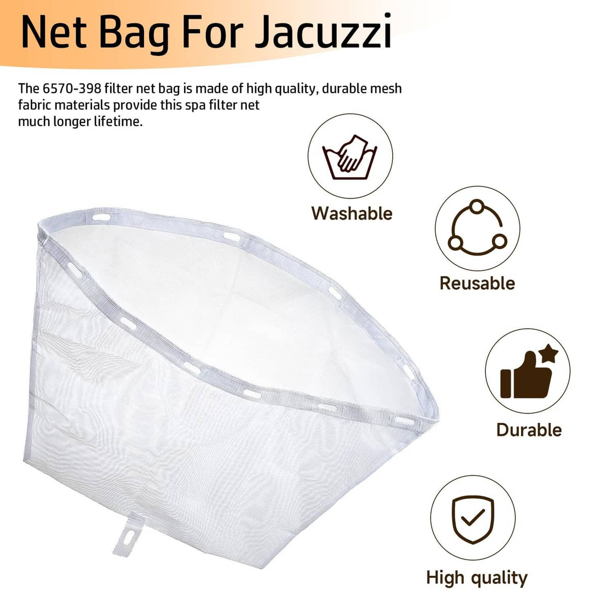 White filter net bag with gray rim and hanging clip tab