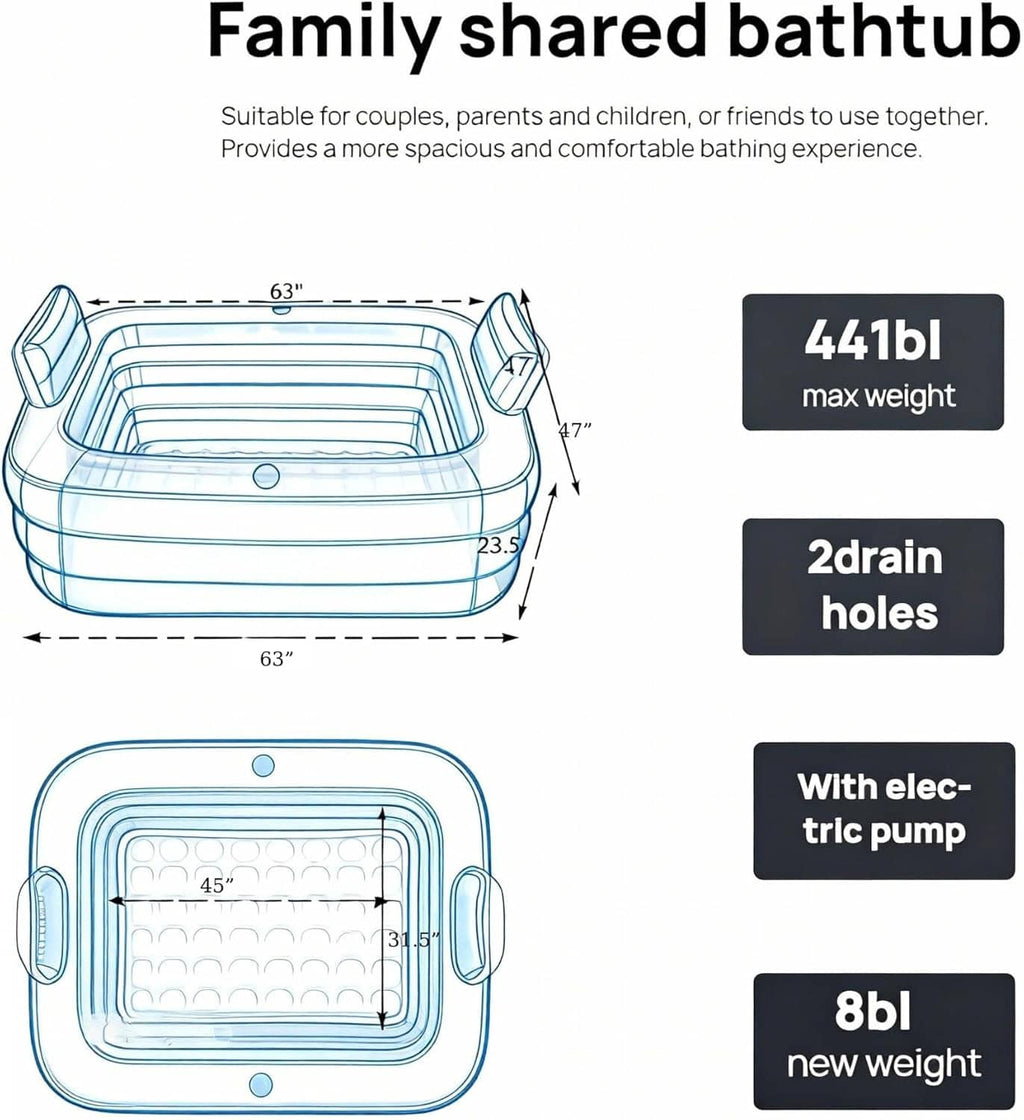 Double inflatable bathtub size diagram showing drain holes and electric air pump