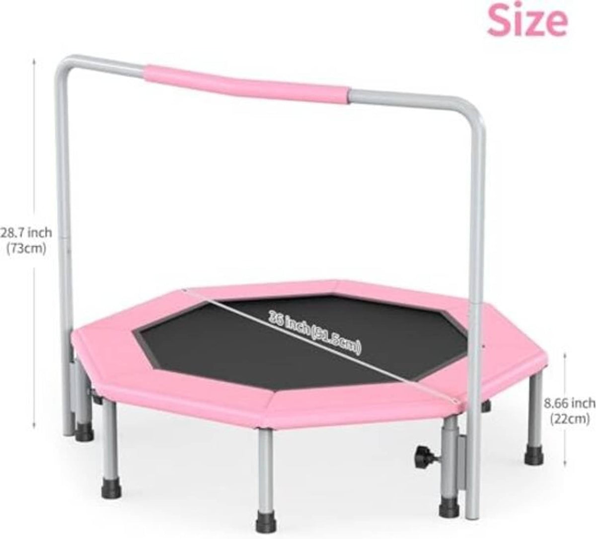 Pink mini trampoline with black octagon mat and gray support legs